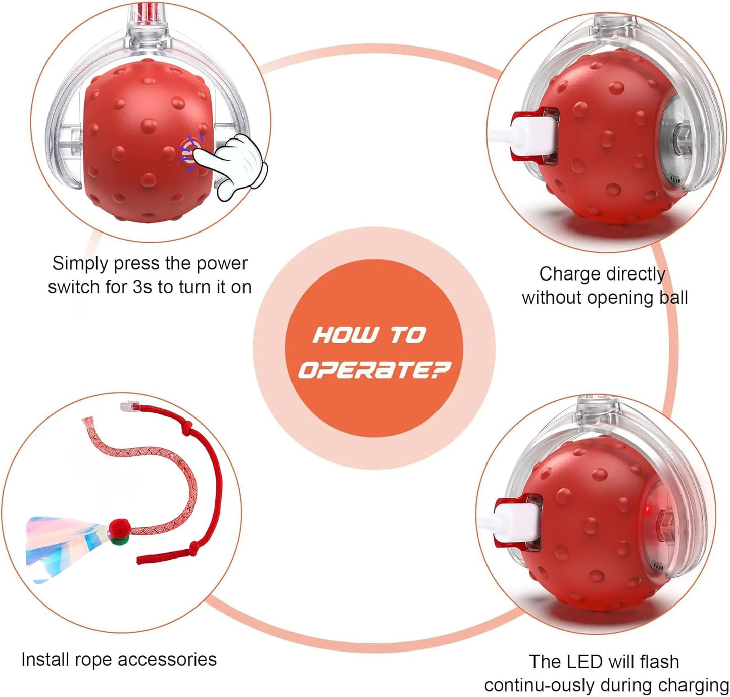 Interactive Cat Toys Ball for Indoor Cats,[2025 Newly Upgraded] Agile Moving Cat Ball with Elastic Mesh Tail,Automatic Kitten Toys for Bored Indoor Adult Cats,Motion Activated (Red)