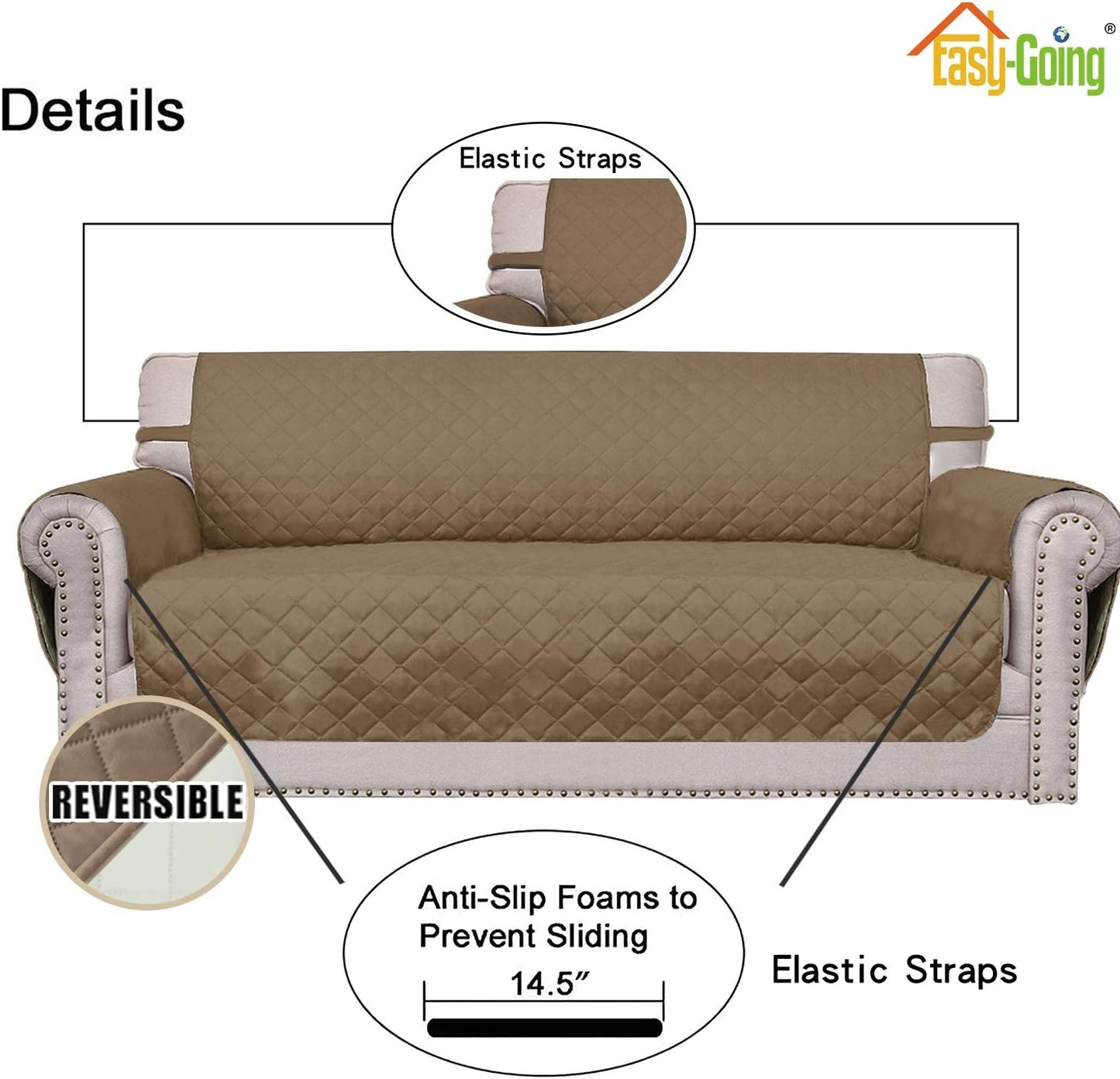 Easy-Going Reversible Couch Cover for 3 Cushion Couch Sofa Cover for Dogs Water Resistant Furniture Protector Cover with Foam Sticks Elastic Straps for Pet Cat (Sofa, Camel/Ivory)