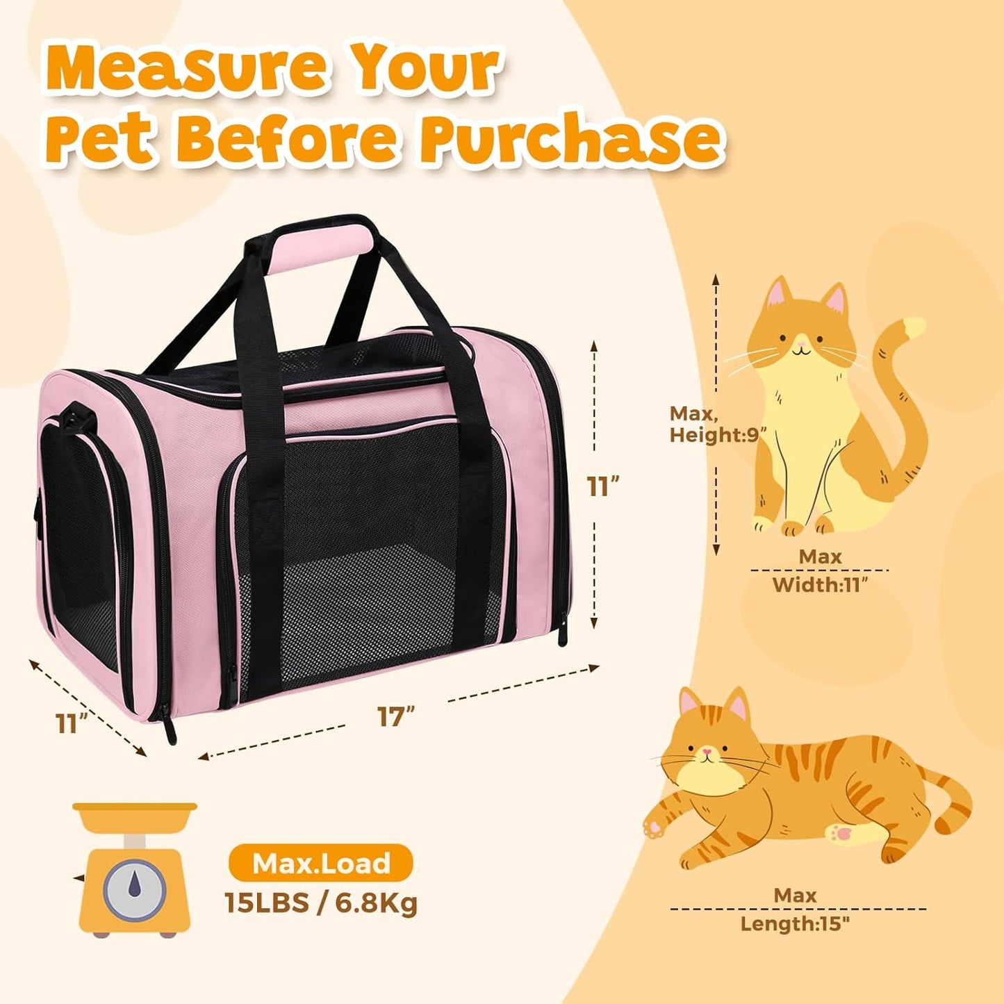 Airline Approved Pet Carrier 17"x11"x11" – Soft Sided Cat Dog Travel Bag for Small Pets up to 15 lbs, Portable Collapsible Pet Carrier Under Seat with Mesh Ventilation & Shoulder Strap(Pink)