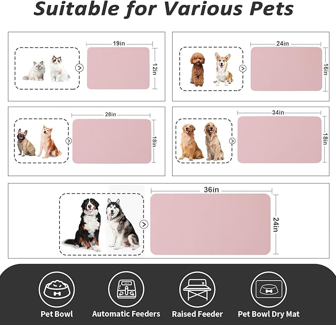 Pet Feeding Mat - Absorbent Dog Mat for Food and Water, No Stains Cat Bowl Mat, Easy to Clean Pet Placemats, Quick Dry Dog Water Dispenser Mat for Messy Drinkers | Pink 12"x 19"