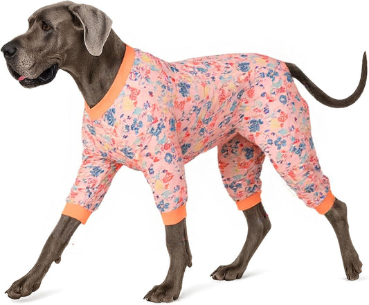 LovinPet Large Dog Pajamas, Pet Anxiety Relief Shirt, Pet Pajamas for Dogs, Anti Licking, Dog Surgery Recovery Clothes, Breathable Stretchy Fabric, Red, Shimmering Blooms Blush Print, XL
