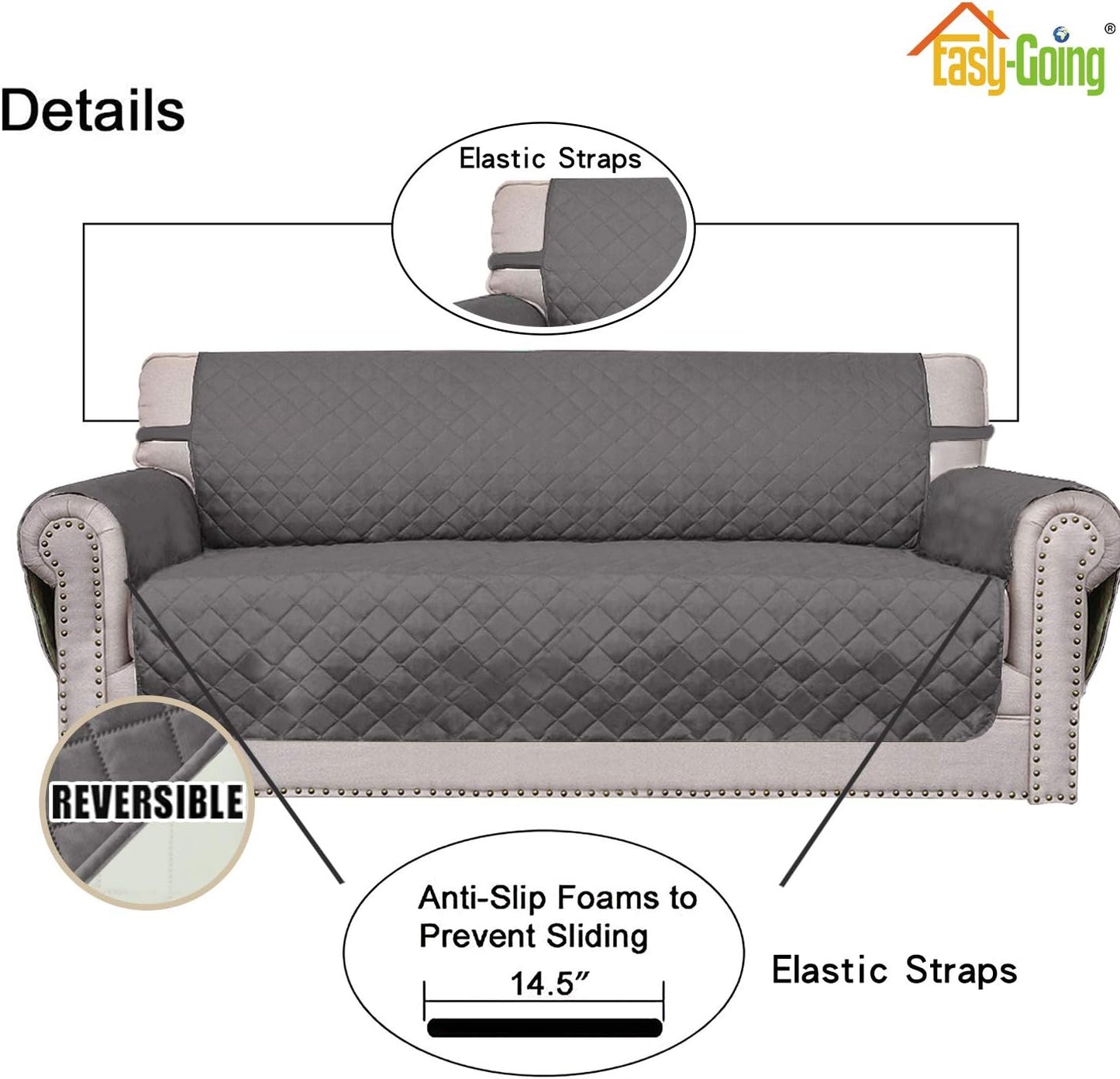 Easy-Going Reversible Loveseat Couch Cover for 2 Cushion Couch Sofa Cover for Dogs Water Resistant Furniture Protector with Foam Sticks Elastic Straps for Pet (Loveseat, Gray/Ivory)