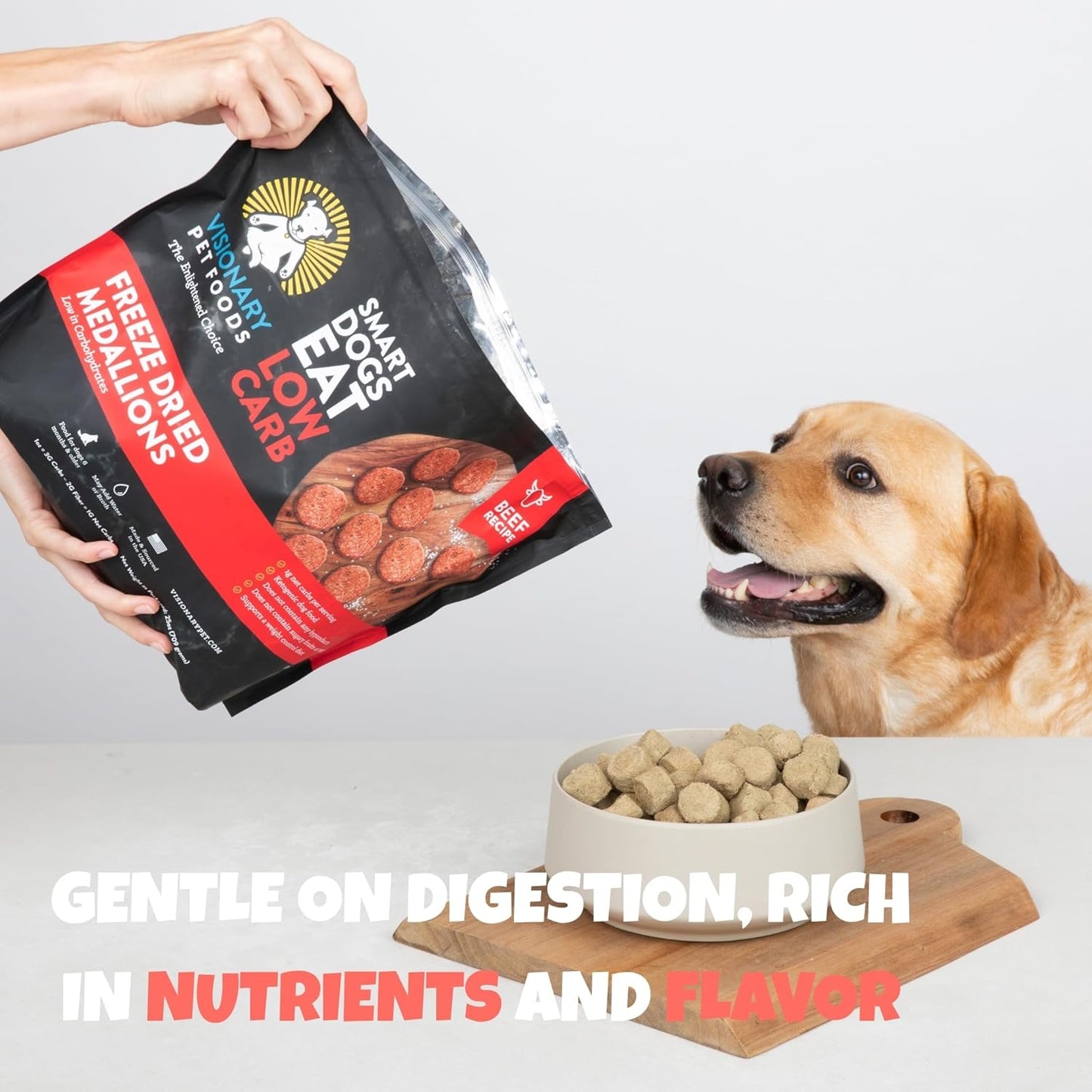 Visionary Pet Foods Beef Freeze Dried Dog Treats - 310x Medallions Keto and Diabetic Friendly - Additive Free, Made in USA Low Carb, High Protein - Healthy Dog Training Treats, Resealable Bag