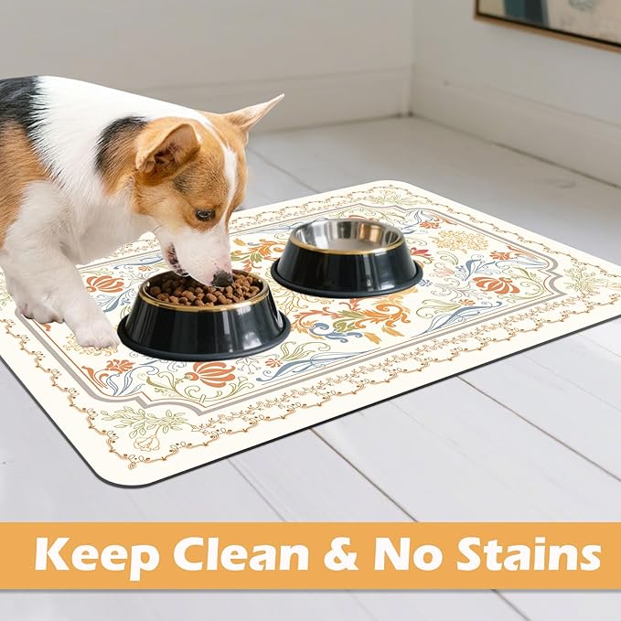 Pet Feeding Mat, Absorbent Cat Dog Mat for Food and Water Bowls Floors, No Stains Quick Dry Cat Dog Feeding Water Bowl Mats for Sloppy Drinkers, Pet Feeding & Watering Supplies (Boho, 16"x 24")