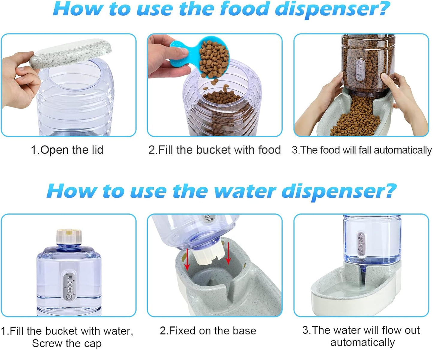 Automatic Dog Cat Feeder and Water Dispenser Gravity Food Feeder and Waterer Set with Pet Food Bowl for Small Medium Dog Puppy Kitten, Large Capacity 1 Gallon x 2(Grey)