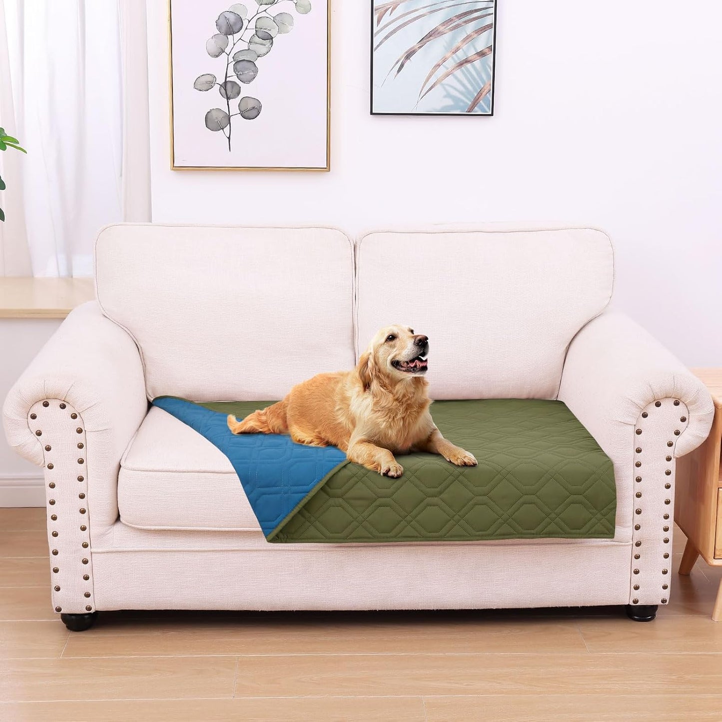 hyha Waterproof Dog Bed Blanket, Soft Pet Blankets, Waterproof Couch Cover for Dogs, Reversible Sofa Covers Washable for Furniture (30x53 Inch, Green/Navy Blue)