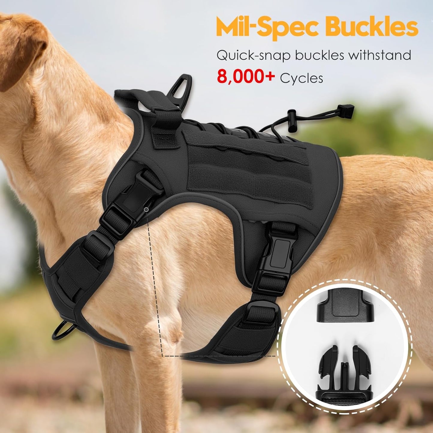 Heavy-Duty Tactical Dog Harness for Large Dogs, No Pull Adjustable Reflective Pet Vest with Molle System, K9 Military-Grade Control for Service Training, Outdoor & 10+ Breeds, Black, X-Large