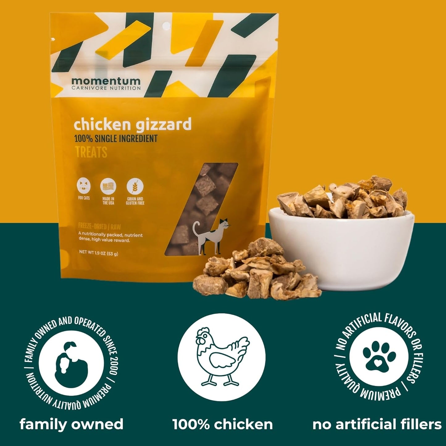 Momentum Carnivore Nutrition Freeze-Dried Chicken Gizzard Cat Treats – Single-Ingredient, All-Natural, Grain-Free Treats – 1.9 oz Bag