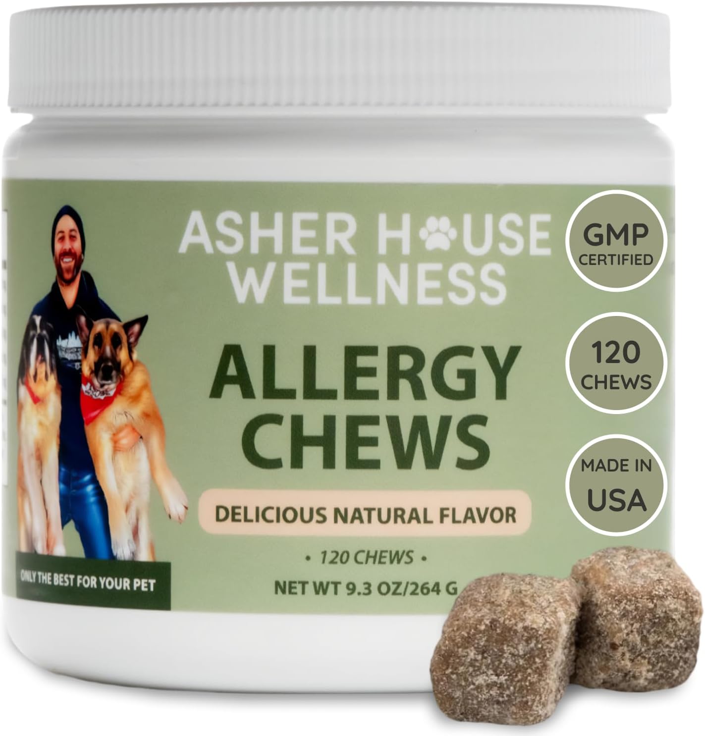 Asher House Wellness Dog Allergy Chews - All-Natural Itchy Skin Relief for Dogs with Bee Pollen, Colostrum - Licking Paw Treatment, Allergy Medicine for Dogs Over 12 Weeks, 120 Chews