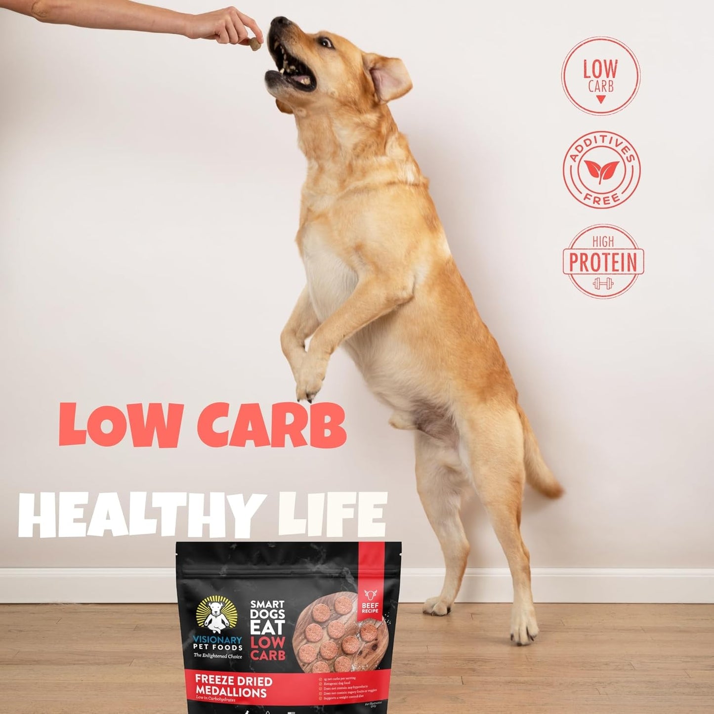 Visionary Pet Foods Beef Freeze Dried Dog Treats - 310x Medallions Keto and Diabetic Friendly - Additive Free, Made in USA Low Carb, High Protein - Healthy Dog Training Treats, Resealable Bag