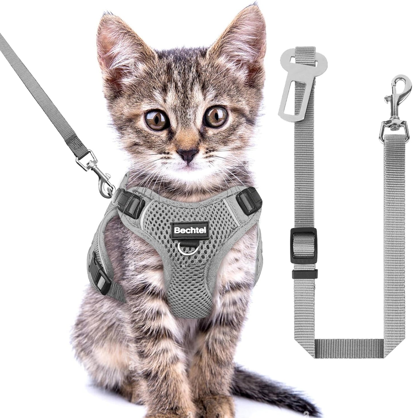 Cat Harness and Leash Set for Walking Escape Proof, Adjustable Soft Kittens Vest with Reflective Strip for Cats, Comfortable Outdoor Vest, Cat Car Leash, Grey, XXS