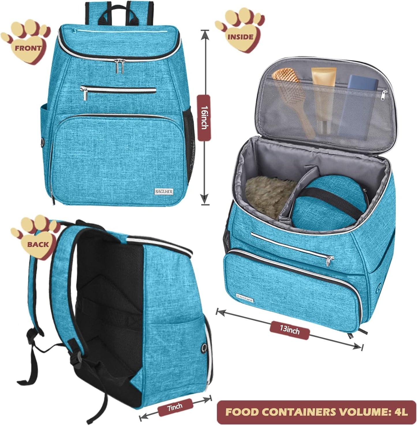 BAGLHER丨Dog Travel Bag Backpack, Airline Approved Pet Supplies Backpack, Dog Travel Bag with 2 Silicone Collapsible Bowls and 2 Food Baskets Sky Blue