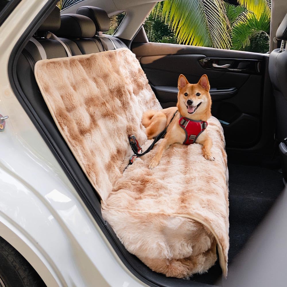 FUNNY FUZZY Fluffy Dog Car Seat Cover for Back Seat (Bench), Water-Resistant with Nonslip Backing,Pet Seat Protector for Cars SUVs Trucks（Brown