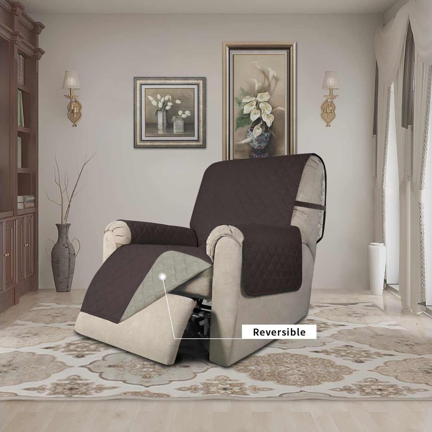 Easy-Going Recliner Chair Slipcover Reversible Sofa Cover Water Resistant Couch Cover Furniture Protector with Elastic Straps for Pets Dog (Recliner 22 inch, Chocolate/Beige)