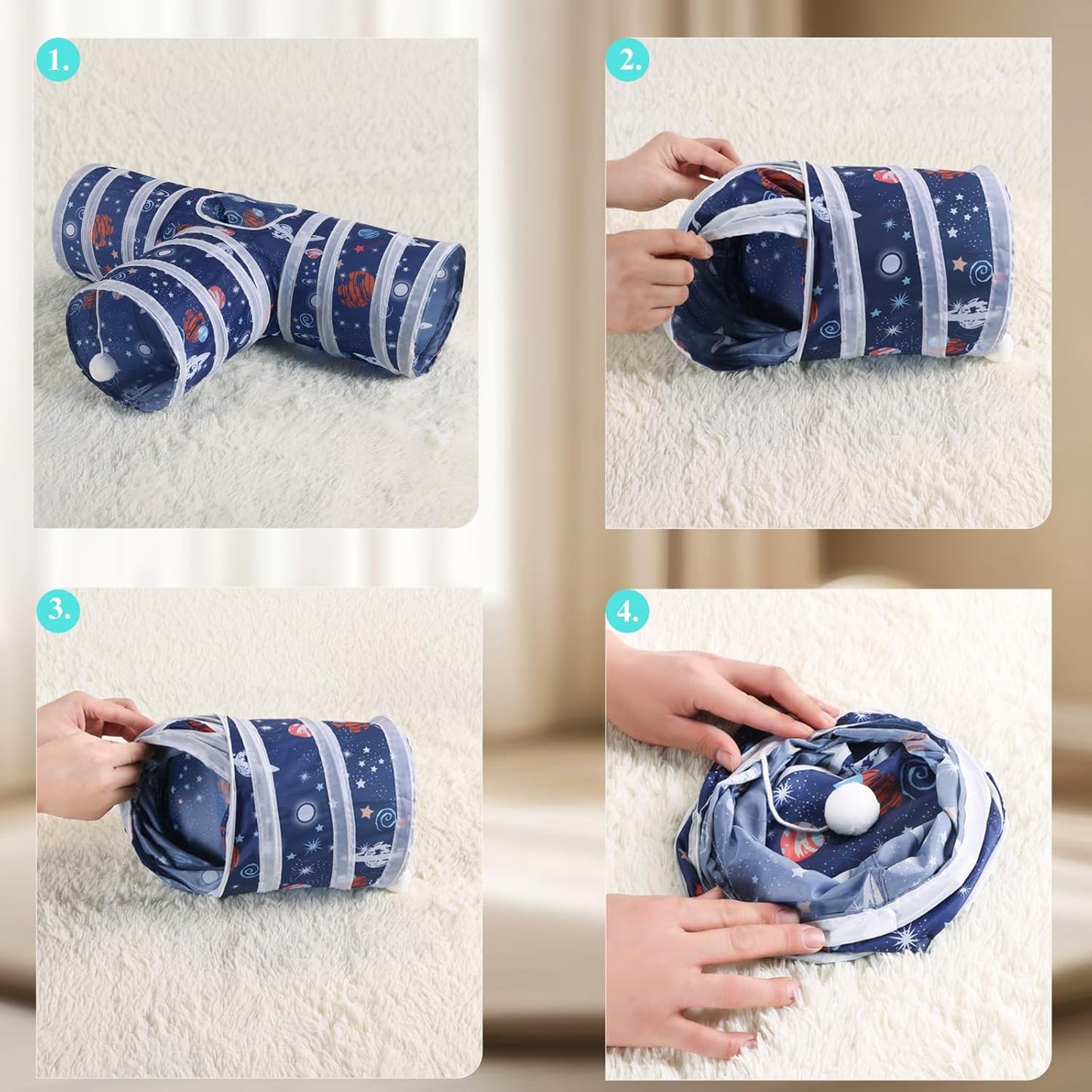 HERCOCCI Rabbit Toys, Collapsible Bunny Tunnels & Tubes 3 Way Rabbit Hideout Tunnel with Chew Toy for Bunny Guinea Pig Ferret Kitten