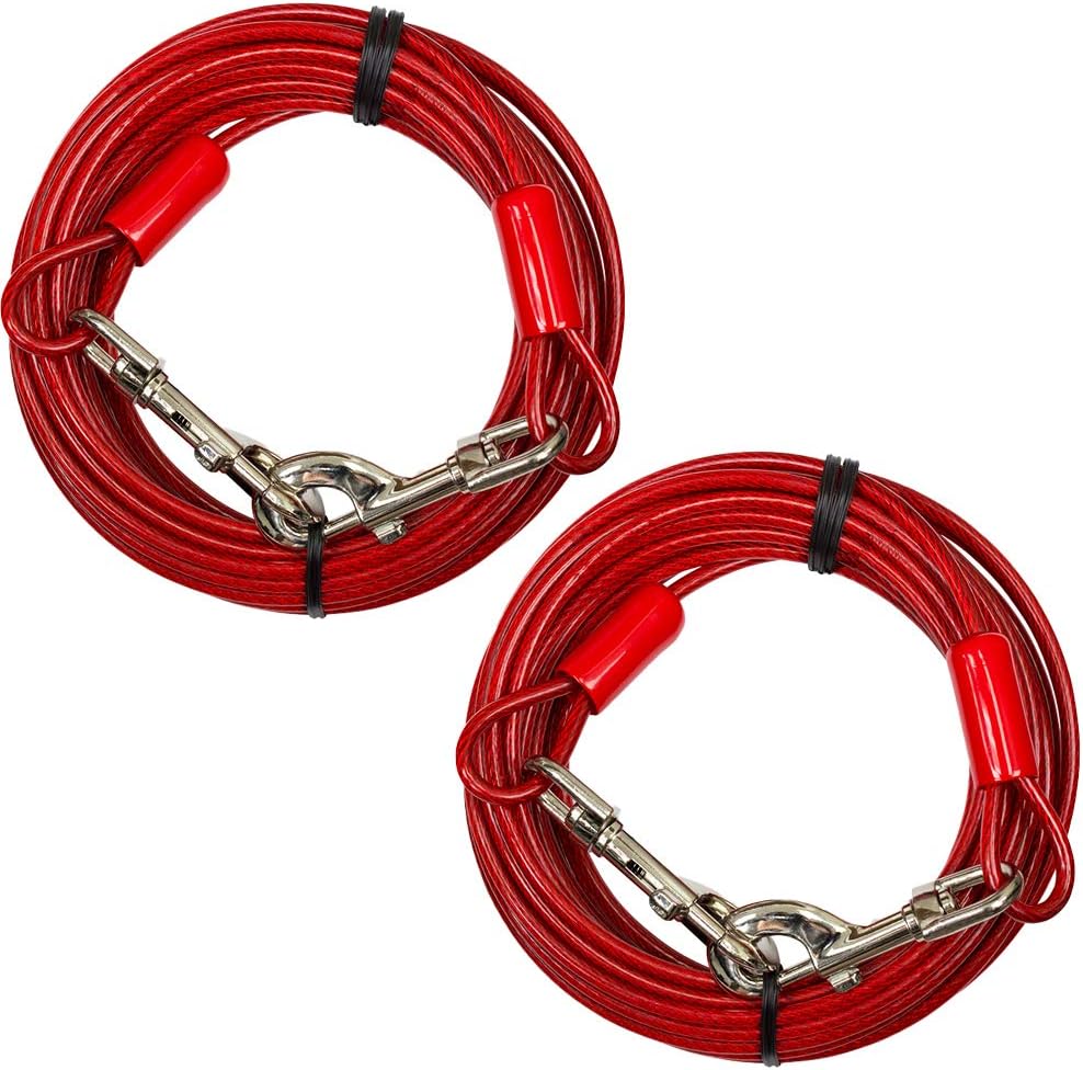 BV Dog Tie Out Cable 30 Feet - Heavy Duty Dog Lead Up to 125 Pounds - Reflective & Rust-Free with Quick Release Swivel Clips & 360° Rotating Clasp - Tangle-Free Dogs Runner for Yard (Red, Pair)