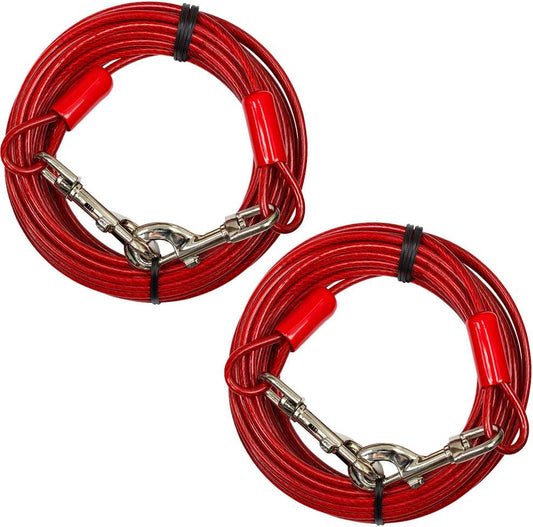 BV Dog Tie Out Cable 30 Feet - Heavy Duty Dog Lead Up to 125 Pounds - Reflective & Rust-Free with Quick Release Swivel Clips & 360° Rotating Clasp - Tangle-Free Dogs Runner for Yard (Red, Pair)
