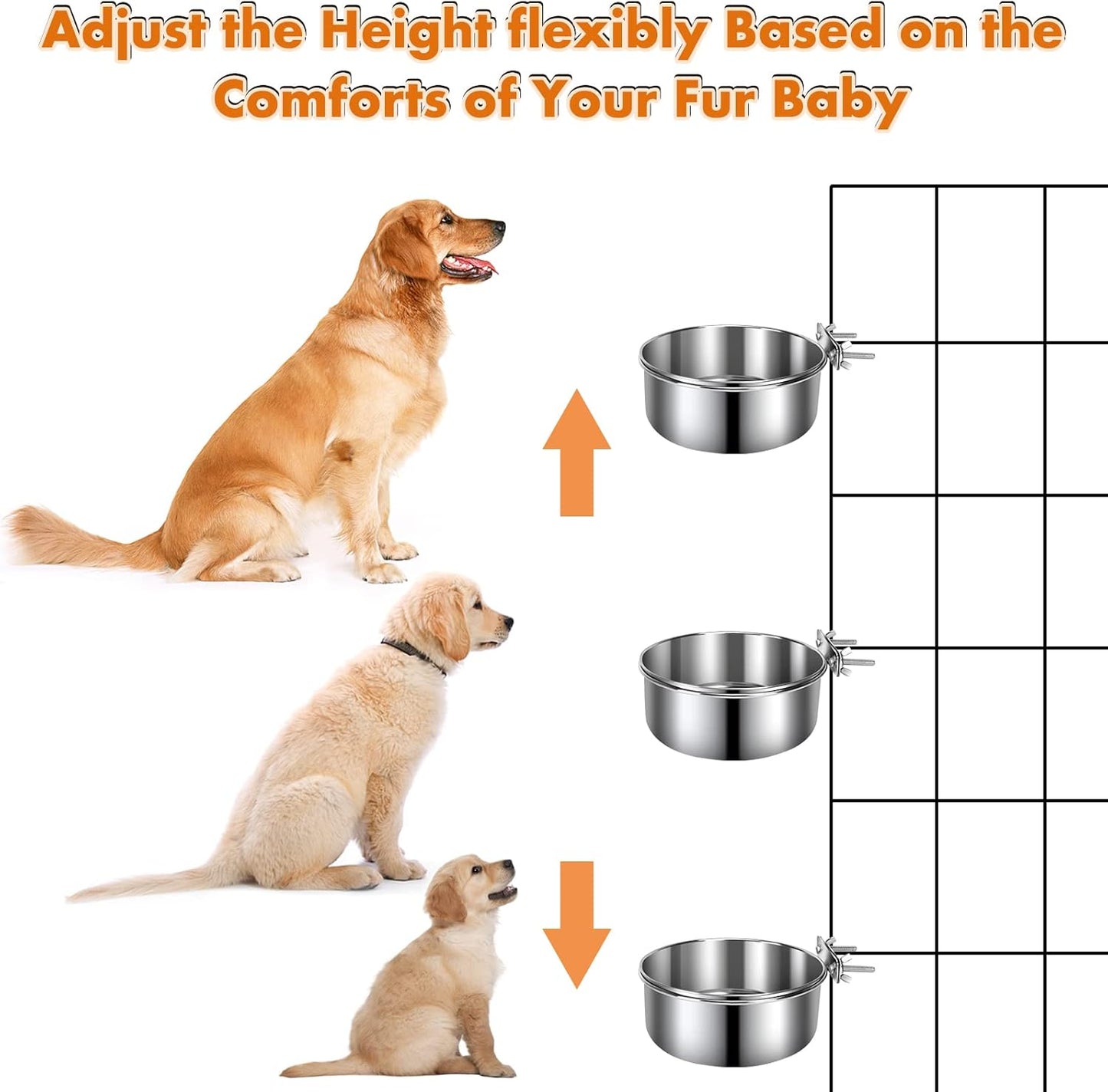 Dog Crate Water Bowl, 2 pcs Stainless Steel Large Dog Bowls 40oz & 60oz, Durable Anti-Spill Pet Metal Bowl for Cage Kennel Crate, Hanging Water/Food Bowl for Medium & Large Dogs