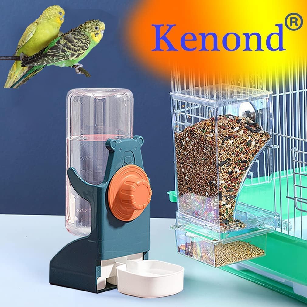 Kenond No Mess Bird Feeder Water Dispenser Set, Automatic Parrot Feeder Cage Accessories, Clear Parakeet Seed Container Food Drinker for Cage, Cockatiel Finch Lovebirds Budgies Canary (Blue)