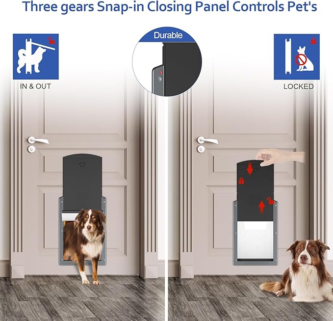 [Classicmacher] Dog Door for Large Dogs, White Frame Door for L arge Dogs, Strong Plastic Doggy Door and L arge Pets with Sliding Lock Panel and Magnetic Soft Flap (Large, Smoky Grey)