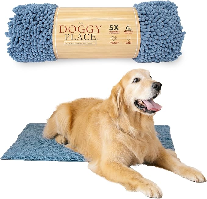 My Doggy Place Microfiber Dog Mat for Muddy Paws, 36" x 26" Faded Denim - Absorbent and Quick-Drying Dog Paw Cleaning Mat, Washer and Dryer Safe - Non-Slip Rubber Backed Dog Floor Mat, Large