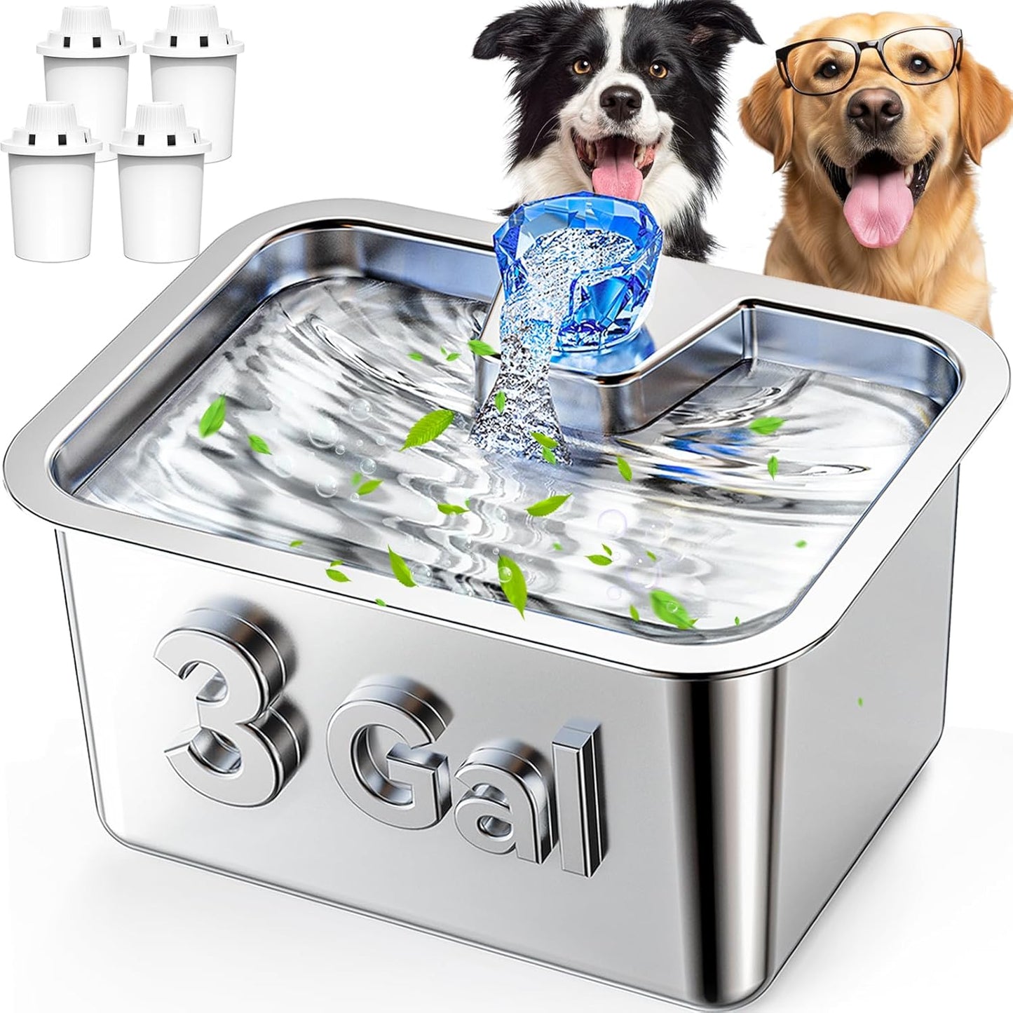3 Gallon Large Dog Water Fountain - 11L Stainless Steel Pet Fountain with 4 Filters, Ultra Quiet Automatic Dog Water Bowl Dispenser for Extra Large & Multi-pet, Wide Drinking Area, Easy to Clean