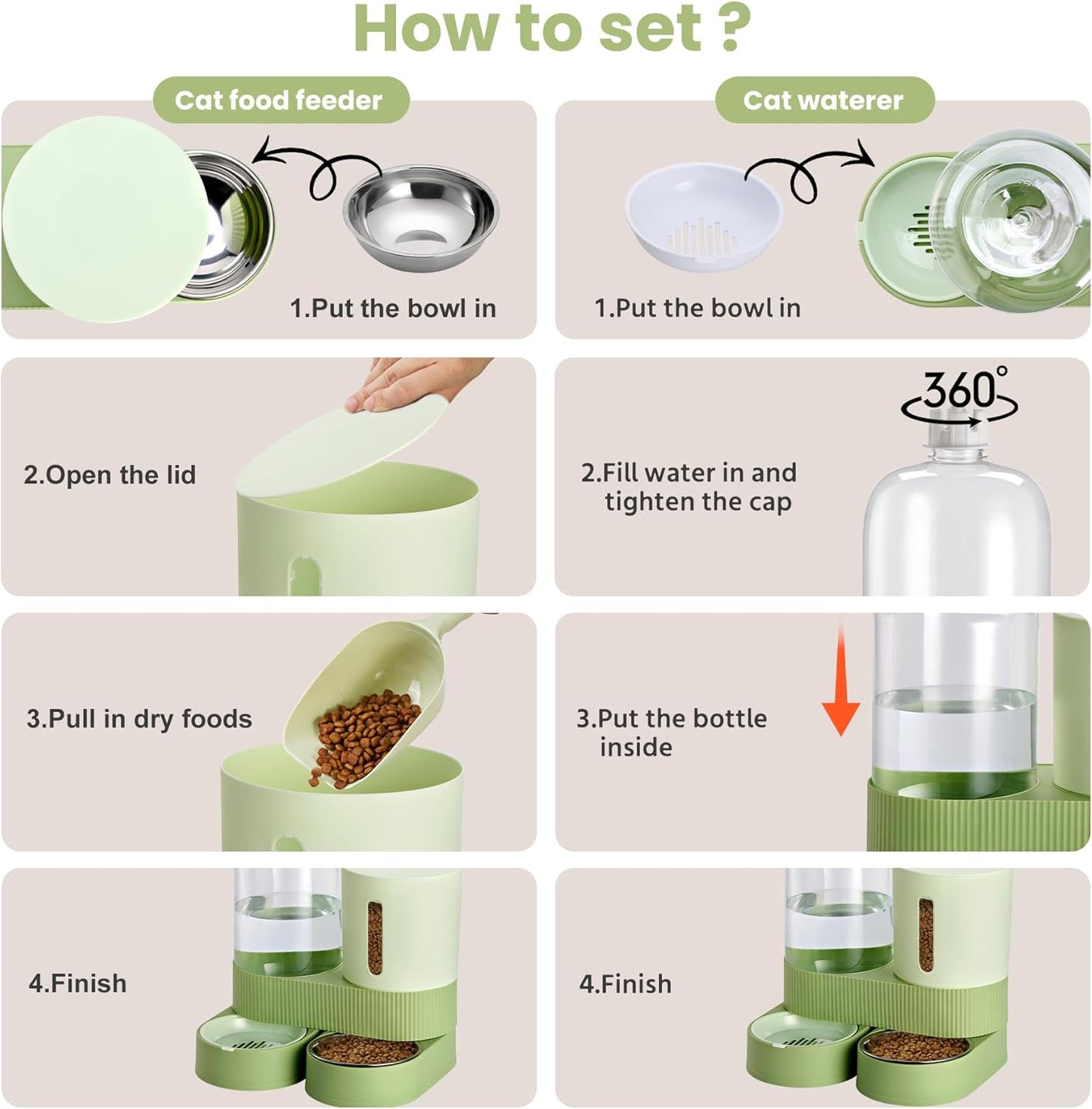 Automatic Dog Cat Water Dispenser Gravity Feeder and Water Dispenser Stainless Steel 2-in-1 Set Large Capacity Dispenser for Pets Dogs, Puppies, Kittens（Green）