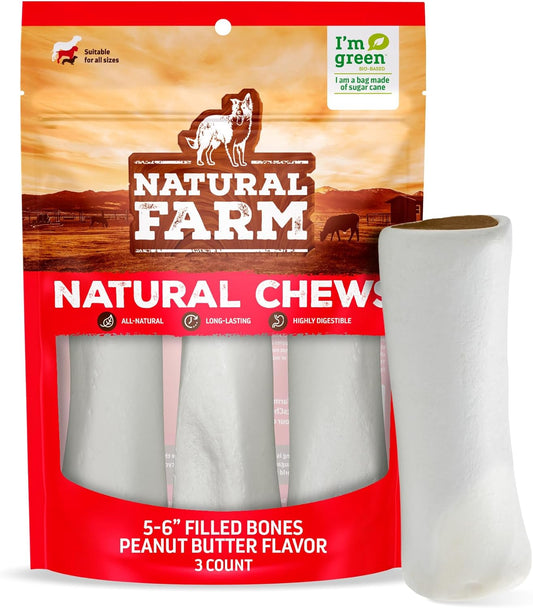 Natural Farm Peanut Butter Flavor Filled Dog Bones (5-6 Inch, 3 Pack), Limited Ingredient Stuffed Dental Dog Bone Treats for Small, Medium and Large Dogs