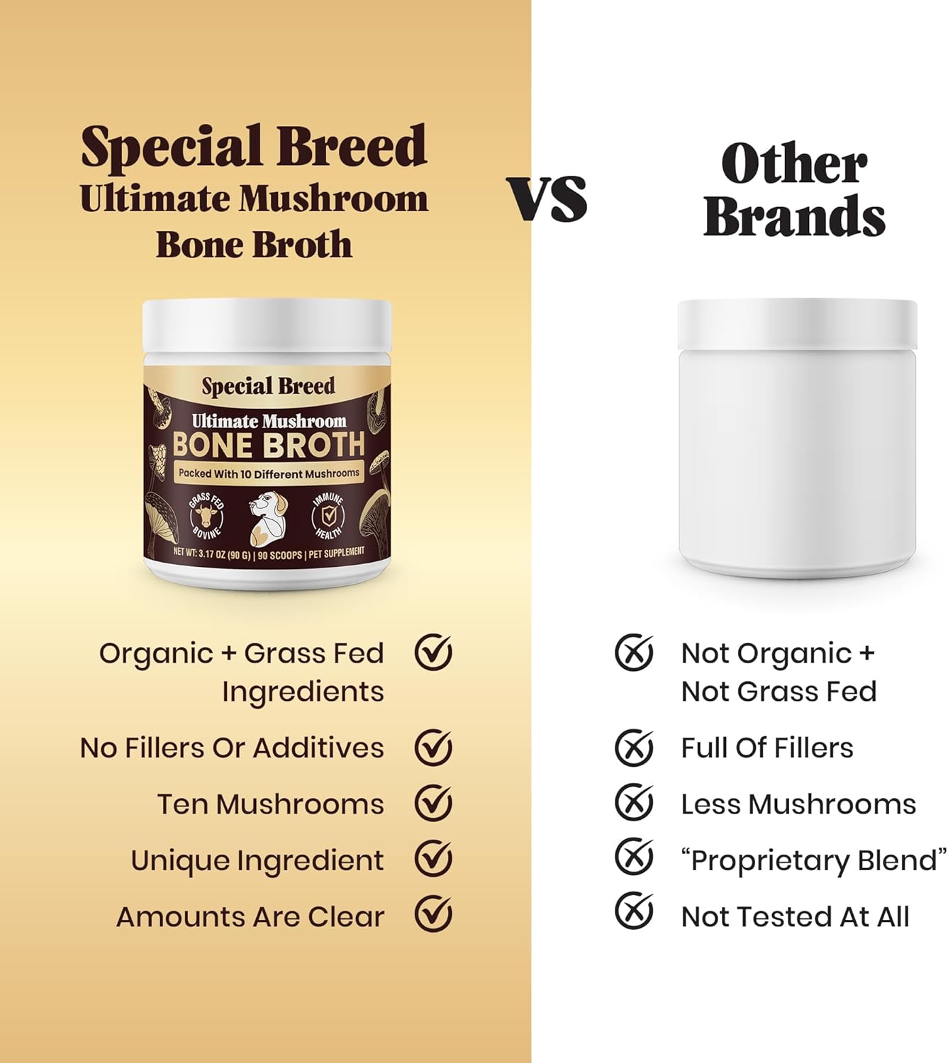 Beef Bone Broth for Dogs - Dog Bone Broth Powder with Ten Organic Mushrooms - High Protein + Ten Mushroom Supplement for Joint Flexibility, Immune Support, Cognition, Vitality, Hydration - 90 Scoops
