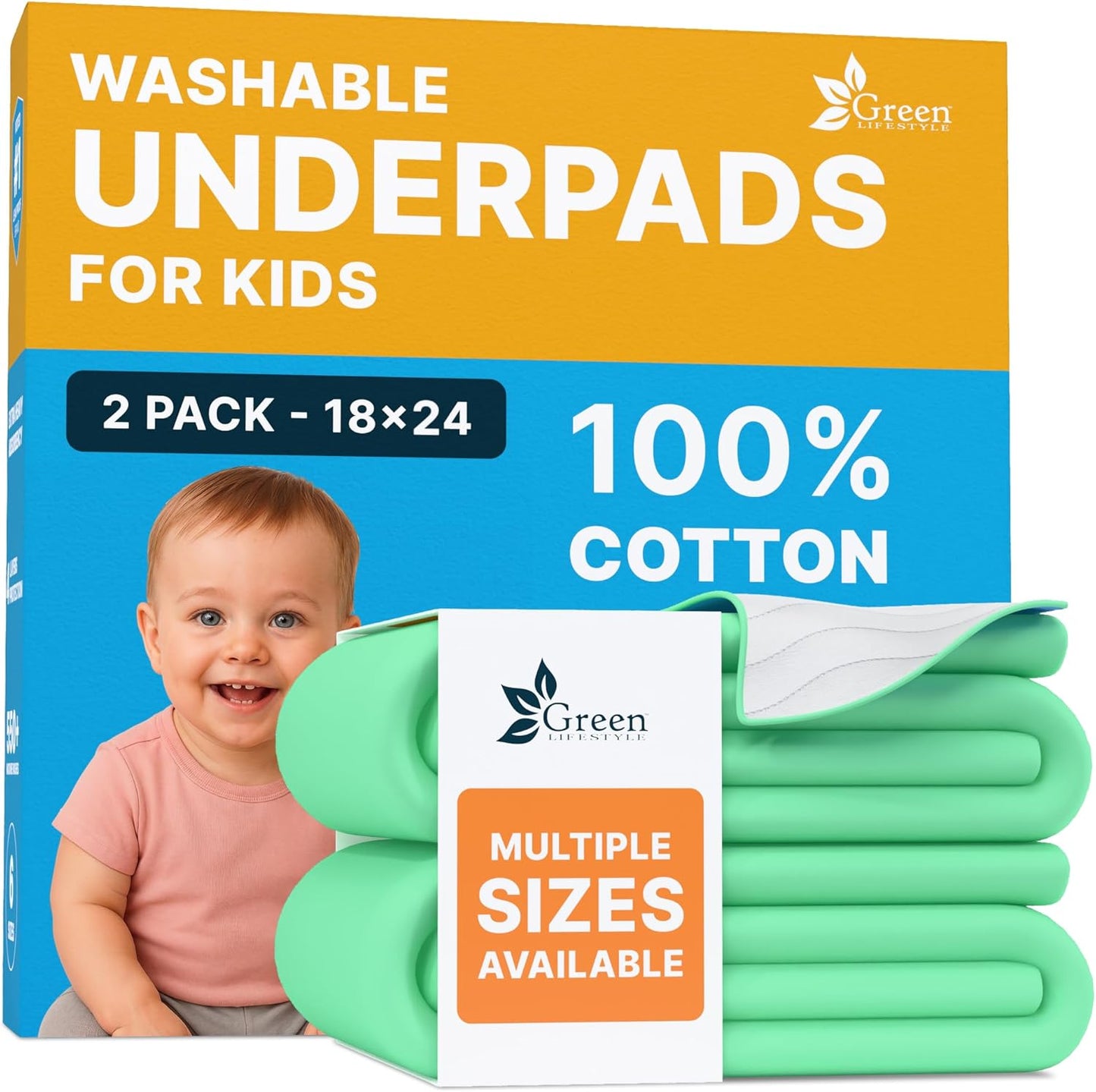 GREEN LIFESTYLE 100% Cotton Washable Absorbent Pads – Waterproof Reusable Underpads for Kids, Seniors, and Adults – Ideal for Bed Protection, Incontinence (Pack of 2 - 18x24)
