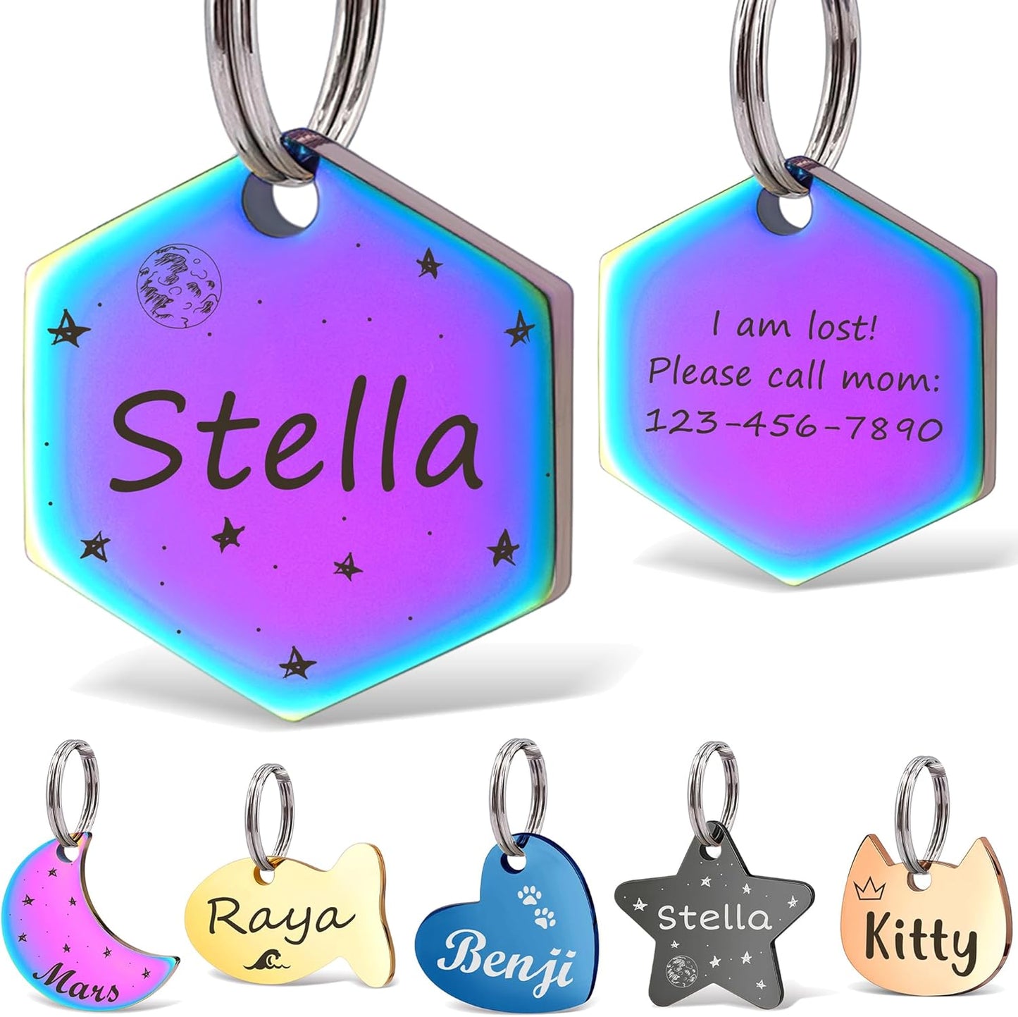 Anavia Small Size Dog Cat ID Tags, Small/XS Personalized Color Plated Stainless Steel Puppy Kitten Name Tags, Customized Engraved Nameplate Pet Collar Tag (Rainbow, Hexagon)