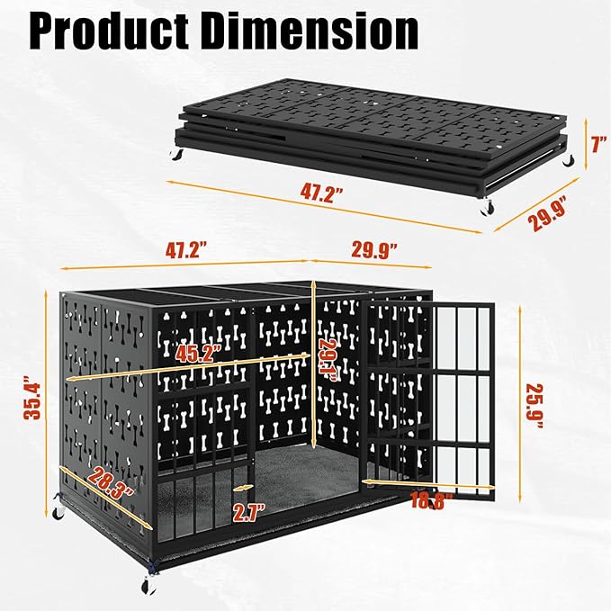 LEMBERI 48/42 inch Indestructible Heavy Duty Dog Crate with Cushion, High Anxiety Extra Large Dog Cage for Large Dogs, XL Steel Escape Proof Dog Kennel with Locking Wheels