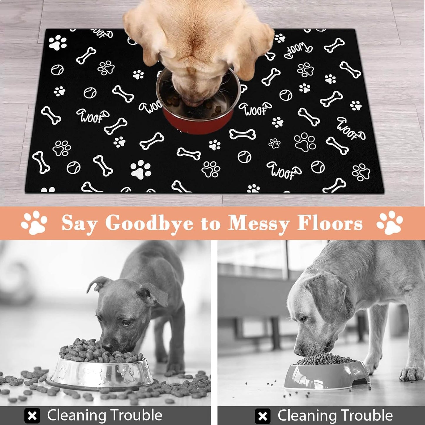 Pet Dog Food Mat Large - Absorbent Non-Slip Placemat for Dog Bowl,Cat Feding Mats for Floors,Dishmat for Food and Water,12"x20"(Paw Print)