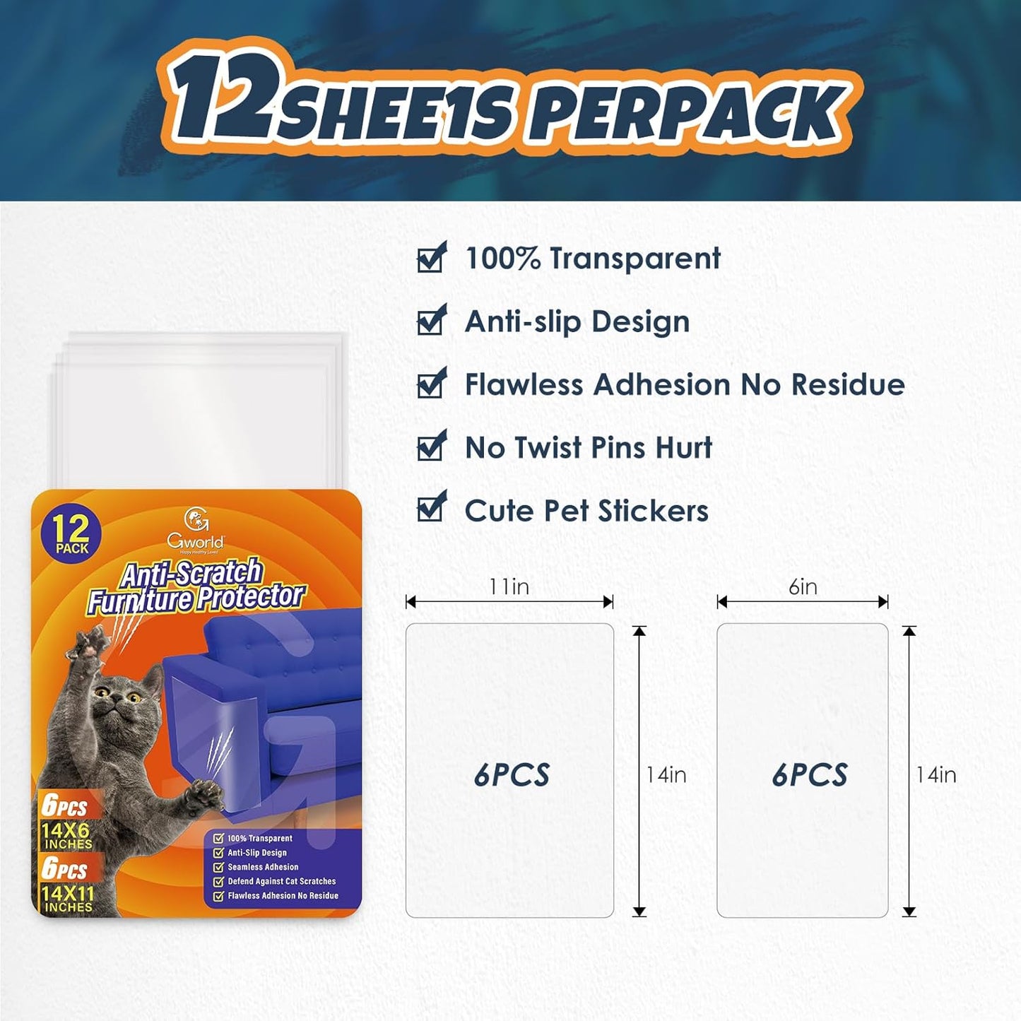 NO PINS Pain Cat Scratch Furniture Protector-12 Pack Thicken Self-Adhesive Single Side Couch Protector from Cat Claws,Furniture Protectors from Cats Scratching,Anti Scratch Deterren Protectors (12PC)