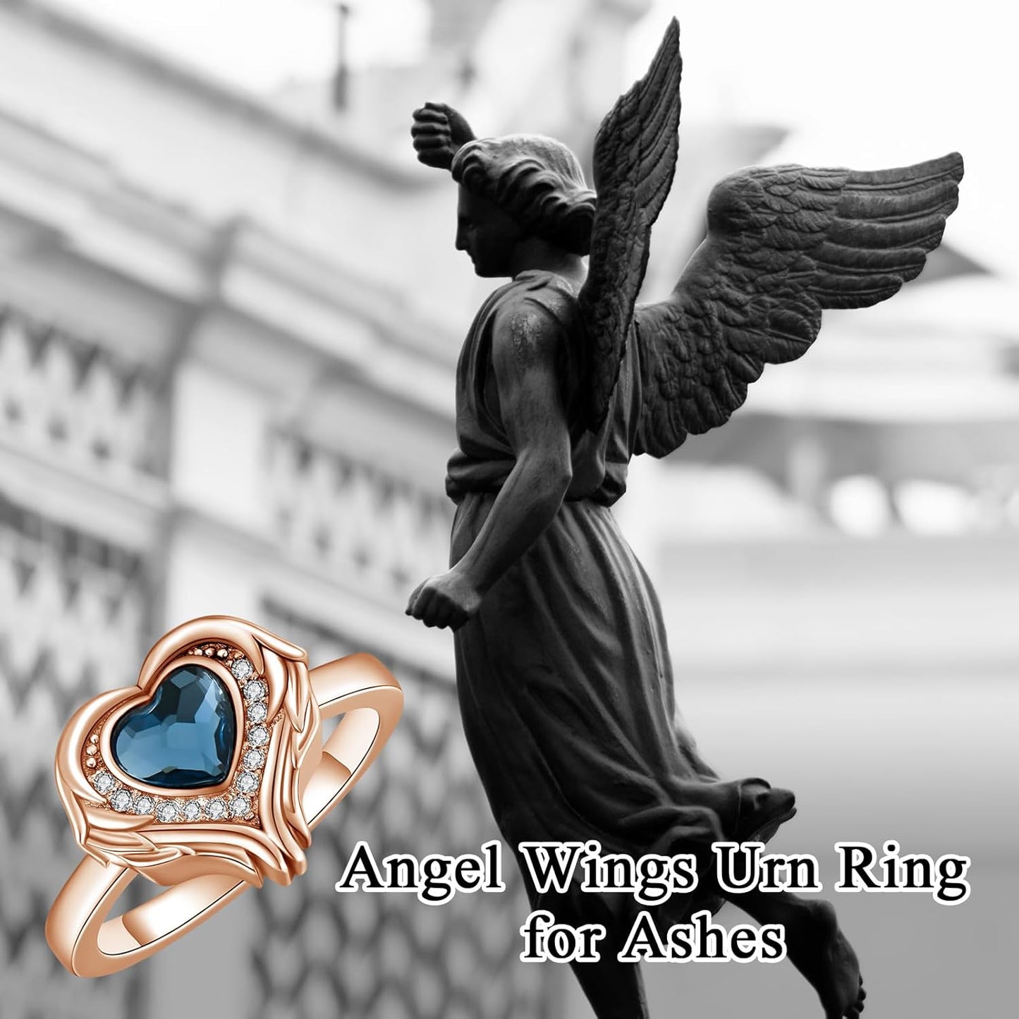 AOBOCO Personalized Angel Wings Urn Rings Holds Loved Ones Ashes for Women Heart Cremation Keepsake Ring Memorial Jewelry, Custom with Name and Crystal-Sterling Silver/Gold/Rose Gold