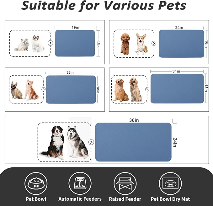 Pet Feeding Mat - Absorbent Dog Mat for Food and Water, No Stains Cat Bowl Mat, Easy to Clean Pet Placemats, Quick Dry Dog Water Dispenser Mat for Messy Drinkers | Blue 18"x28"