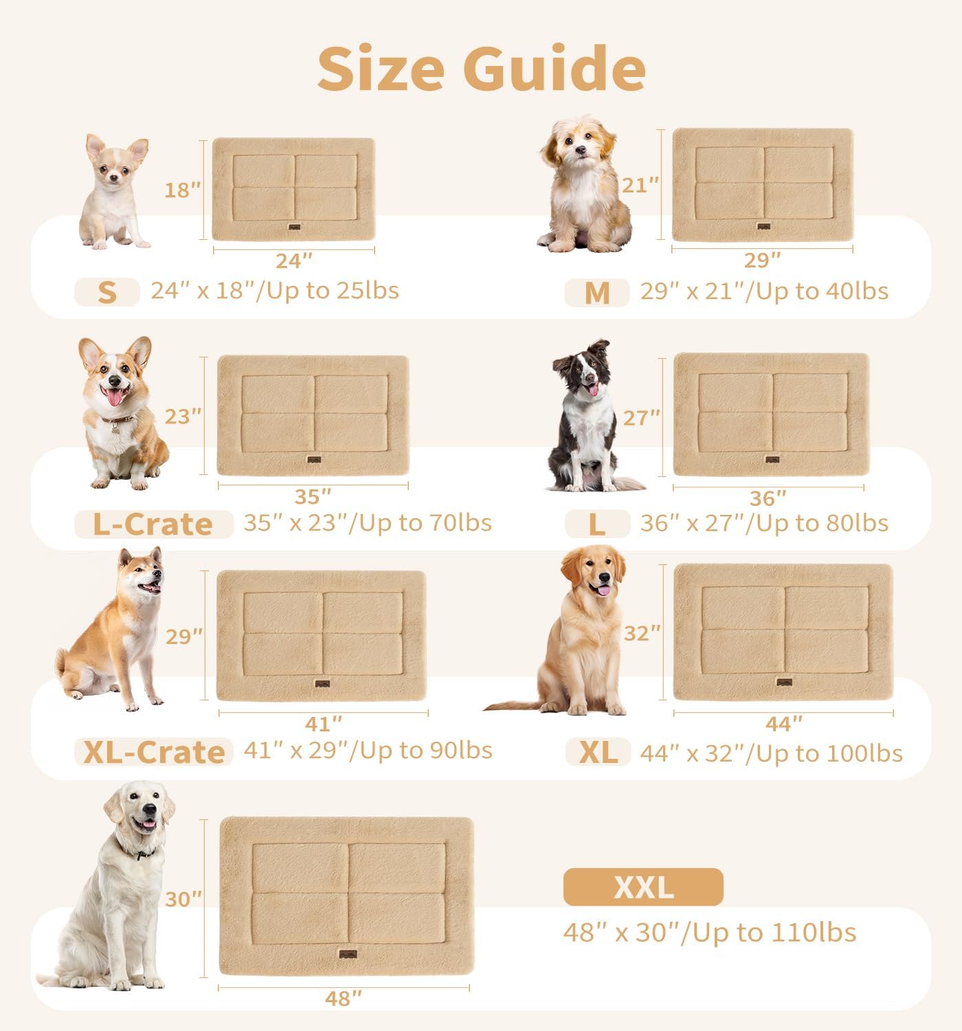 Made4Pets Dog Crate Pad Bed for Large Dogs, Washable & Reversible, Anti-Slip Kennel Mat for Cozy Sleeping, Soft Fluffy Dog Bed for Indoor & Outdoor Use, 44"x32", Khaki