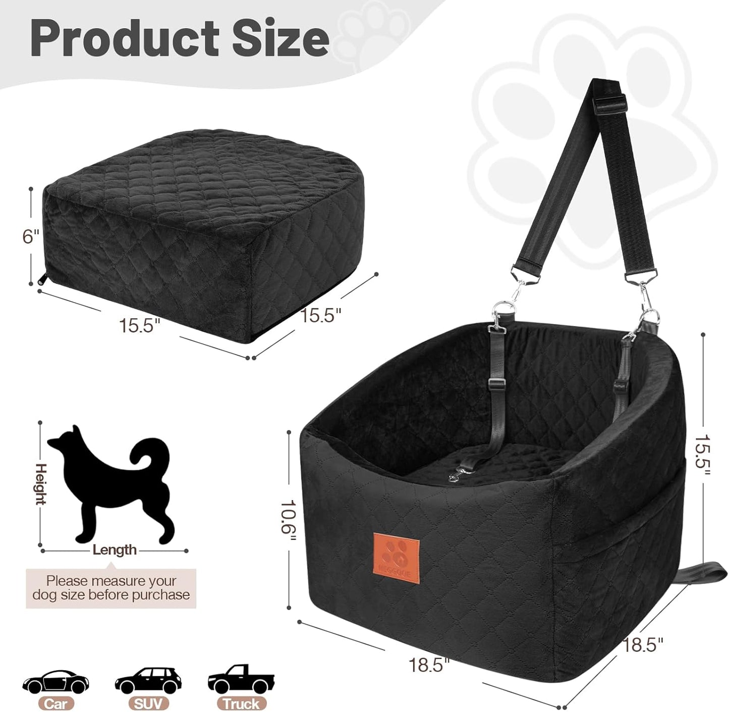 Dog Car Seat for Small Medium Dogs, Memory Foam Booster Car Seat for Dogs up to 35 lbs, Elevated Pet Car Seat, Travel Safety Bed with Washable Removable Cover and Storage Pockets(Black)