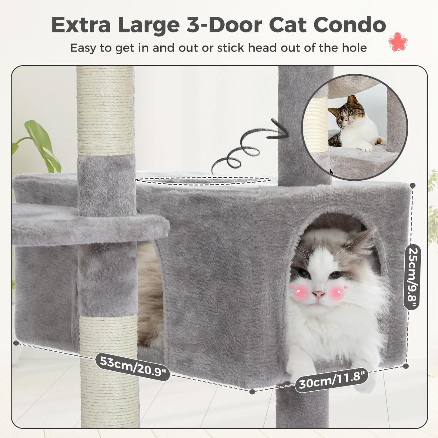 PAWZ Road Large 72 Inch Cat Tree and Tower for Indoor Cats - With Sisal-Covered Scratching Posts, Padded Perches, Condos, and Basket - Gray