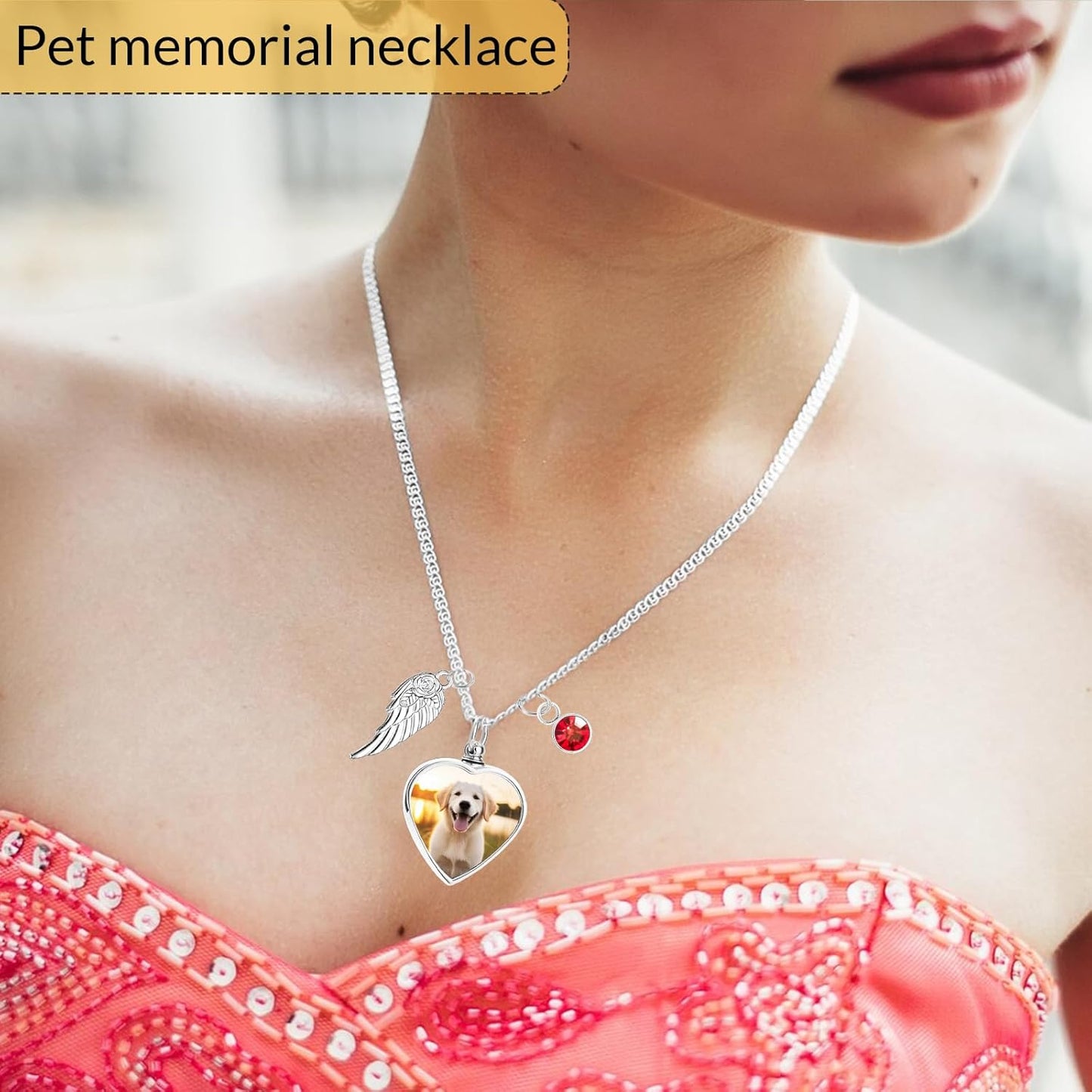 Personalized Pet Ashes Necklace for Dog Cat Custom Engraving Photo Text Urn Keepsake Pendant Necklace Customize Cremation Jewelry with Angel Wing Birthstone for Dog Lover (06)
