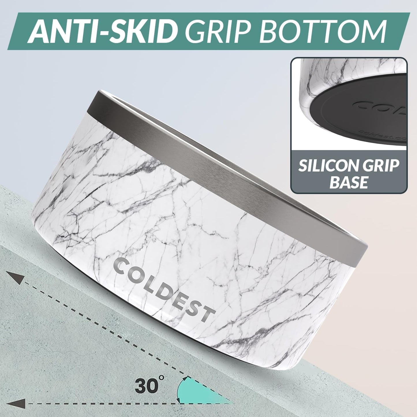 Coldest Dog Bowl - Anti Rust Metal, Non Slip, 3 Layers Insulated Stainless Steel Dog Bowls - Spill Proof & Heavy Duty - Water Bowl for Dogs, Cats & Pets, Dish Washer Safe (200 oz, Carrara Marble)