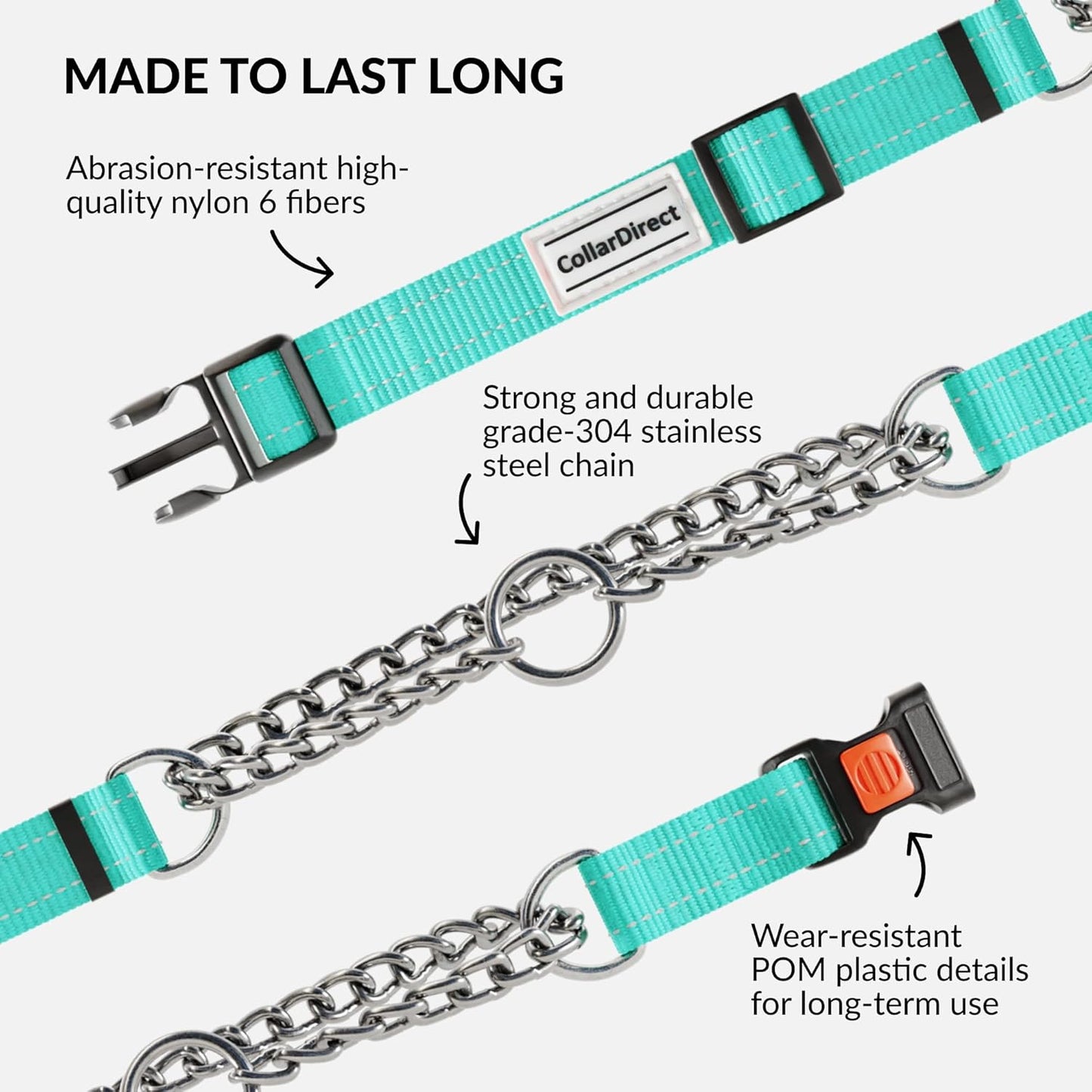 CollarDirect Martingale Dog Collar with Stainless Steel Chain and Quick Release Buckle - Reflective Collar for Large, Medium, Small Dogs - Mint Green, Small (Neck Size 12"-15")
