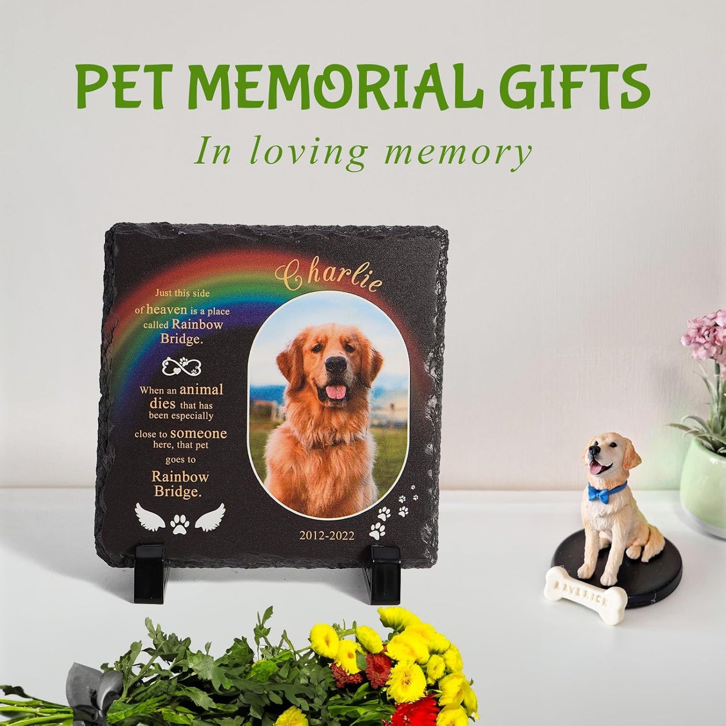 Bemaystar Personalised Dog Memorial Plaque - Customized Rock Slate Stone Picture Frame Plaque with Photo, Pet Memorial Sign with Stand Natural Slate Grave Plaque Pets Bereavement Gifts Loss of Pet