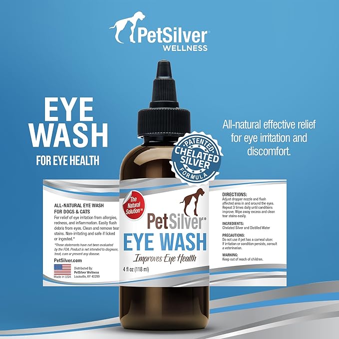 PetSilver Eye Drops for Dogs and Cats - Natural Dog Eye Wash - Relief for Inflammation & Irritation - Pet Eye Cleaner and Tear Stain Remover - Patented Silver Formula - Made in The USA - 4 fl oz