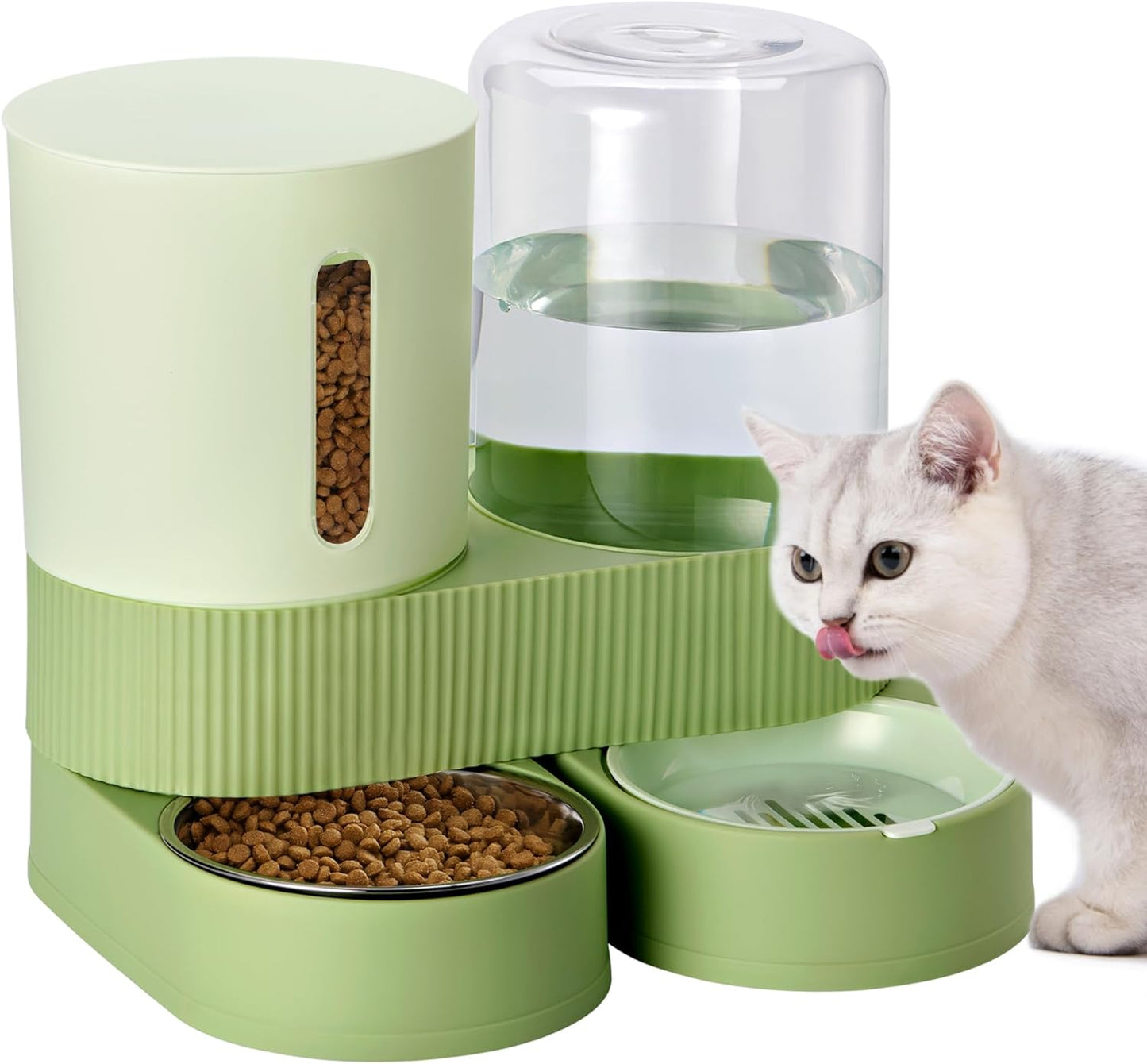 Automatic Dog Cat Water Dispenser Gravity Feeder and Water Dispenser Stainless Steel 2-in-1 Set Large Capacity Dispenser for Pets Dogs, Puppies, Kittens（Green）