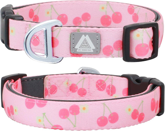Girl Dog Collar, Pink Cute Cherry Print Reflective Padded Collar with Soft Neoprene, Adjustable Lightweight Pet Collar for Small Dogs, Puppies,Neck Size 9’’-14’’ (Cherry, S)