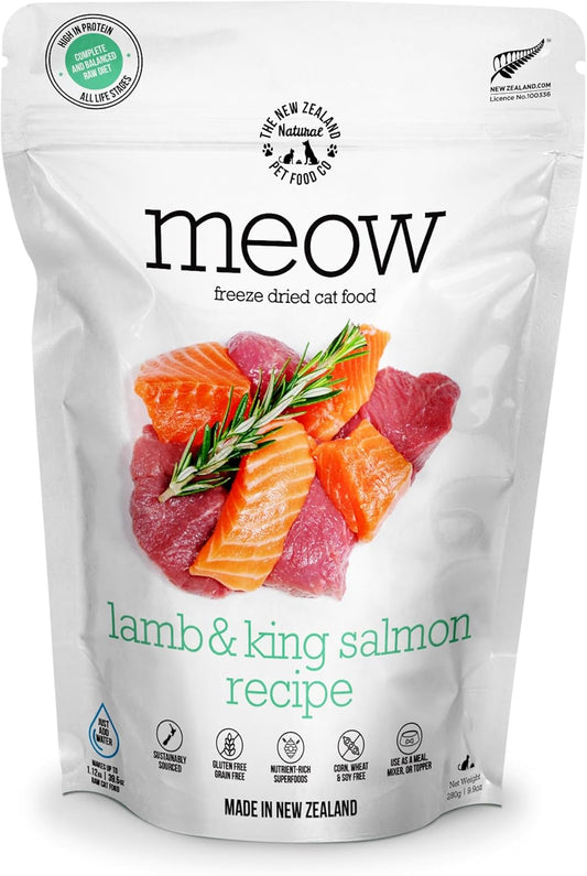 Meow Freeze Dried Cat Food - Lamb & King Salmon Recipe,High Protein Cat Treats,Meals & Toppers,Dry Cat Food,9.9oz