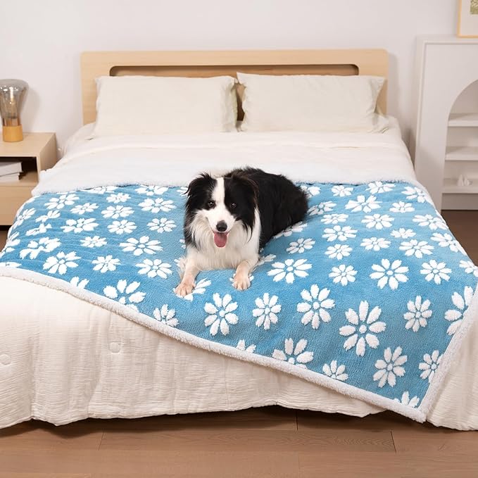Waterproof Blanket for Dog Cat or Adult, Cute 3D Textured Flower Dog Blanket for Bed Couch Sofa, Soft Liquid Pee Proof Pet Furniture Protector, 50"x60", Blue