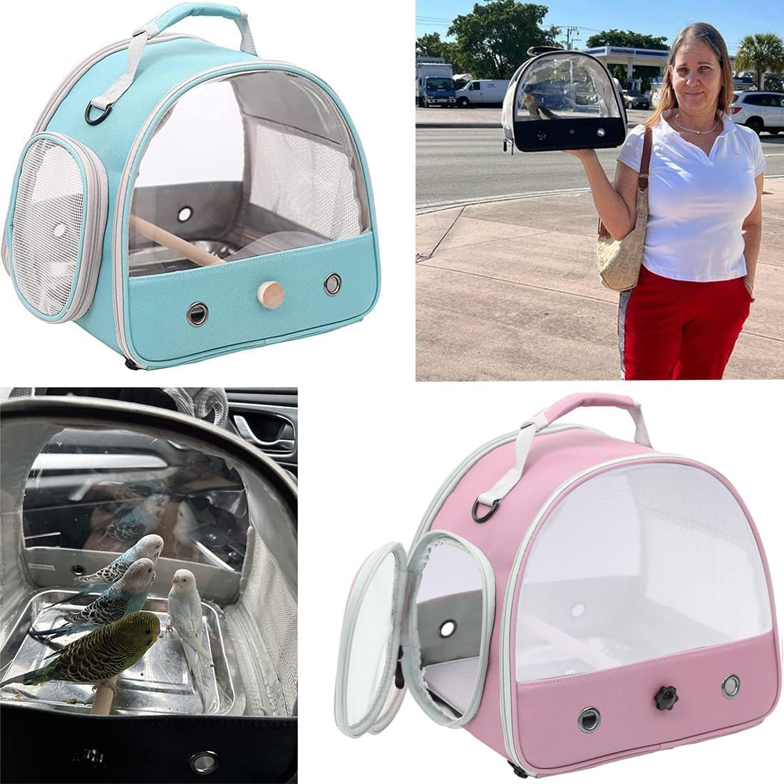 Bird Carrier, Portable Small Bird Parrot Parakeet Carrier with Standing Perch, Side Access Window Collapsible (Pink, Mesh Windows)