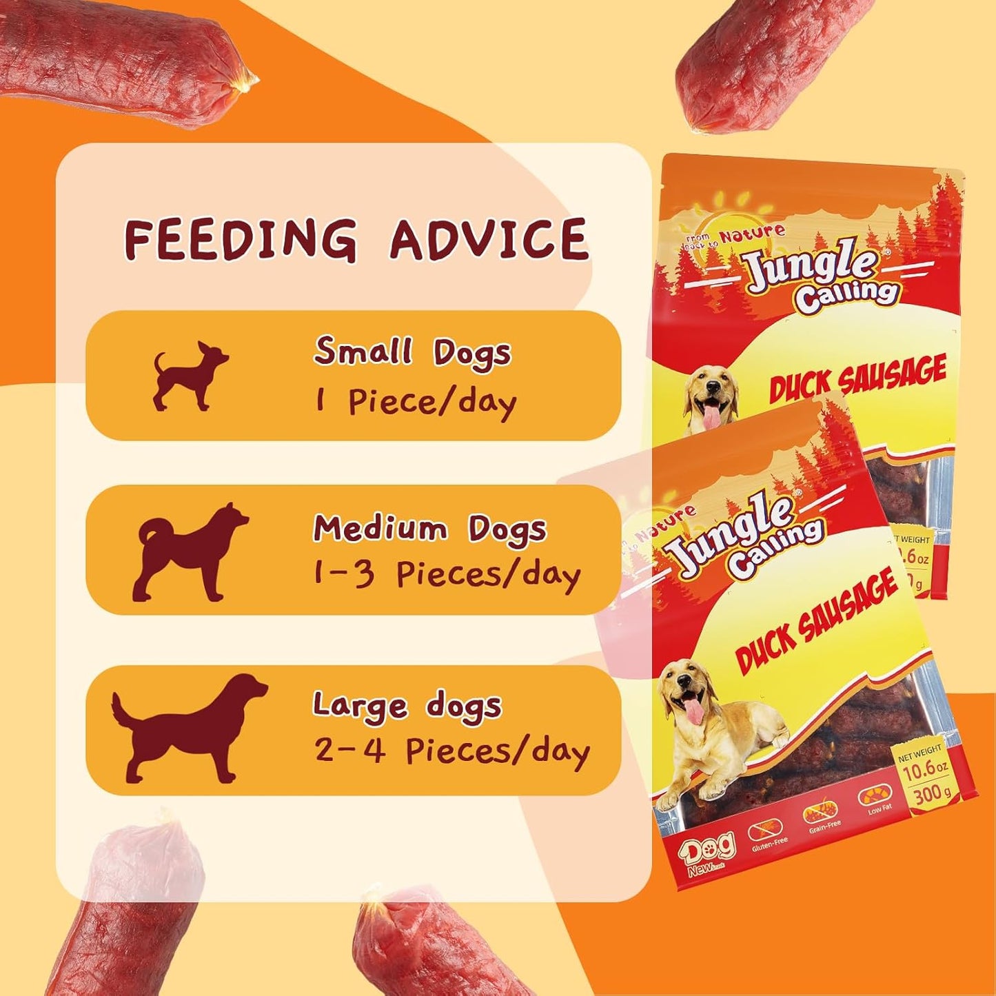 Jungle Calling Grain-Free Duck Sausage Dog Treats, Single Ingredient Duck Jerky, Soft & Chewy Training Treats for Small & Medium Dogs, 10.6 oz